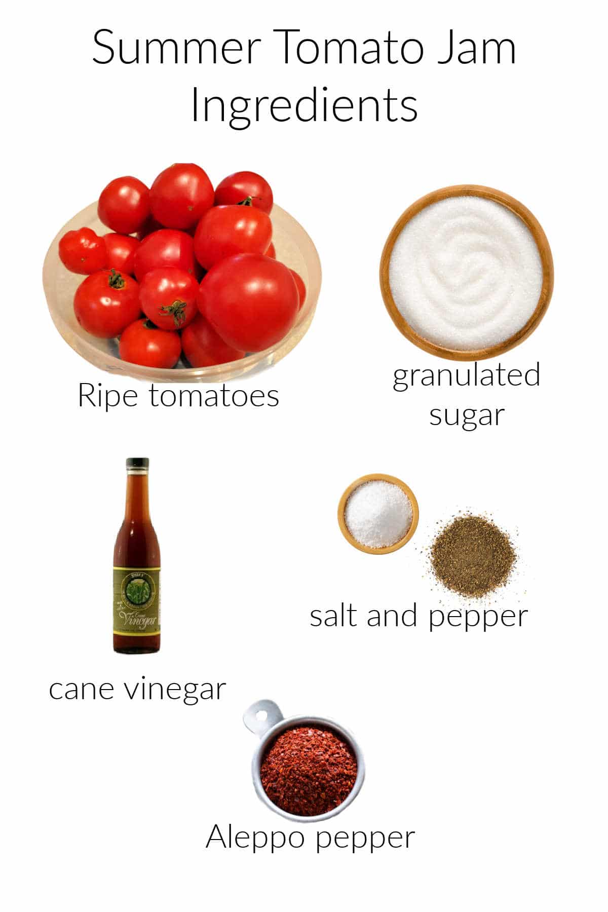 Collage of ingredients for making summer tomato jam: tomatoes, sugar, cane vinegar, salt, pepper, and aleppo pepper.