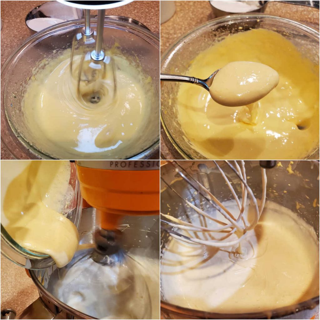 A collage of four images showing beating yolks into a pate a bombe, the finished pate a bombe on a spoon, pouring the pate a bombe into the ice cream base, and the finished ice cream base.