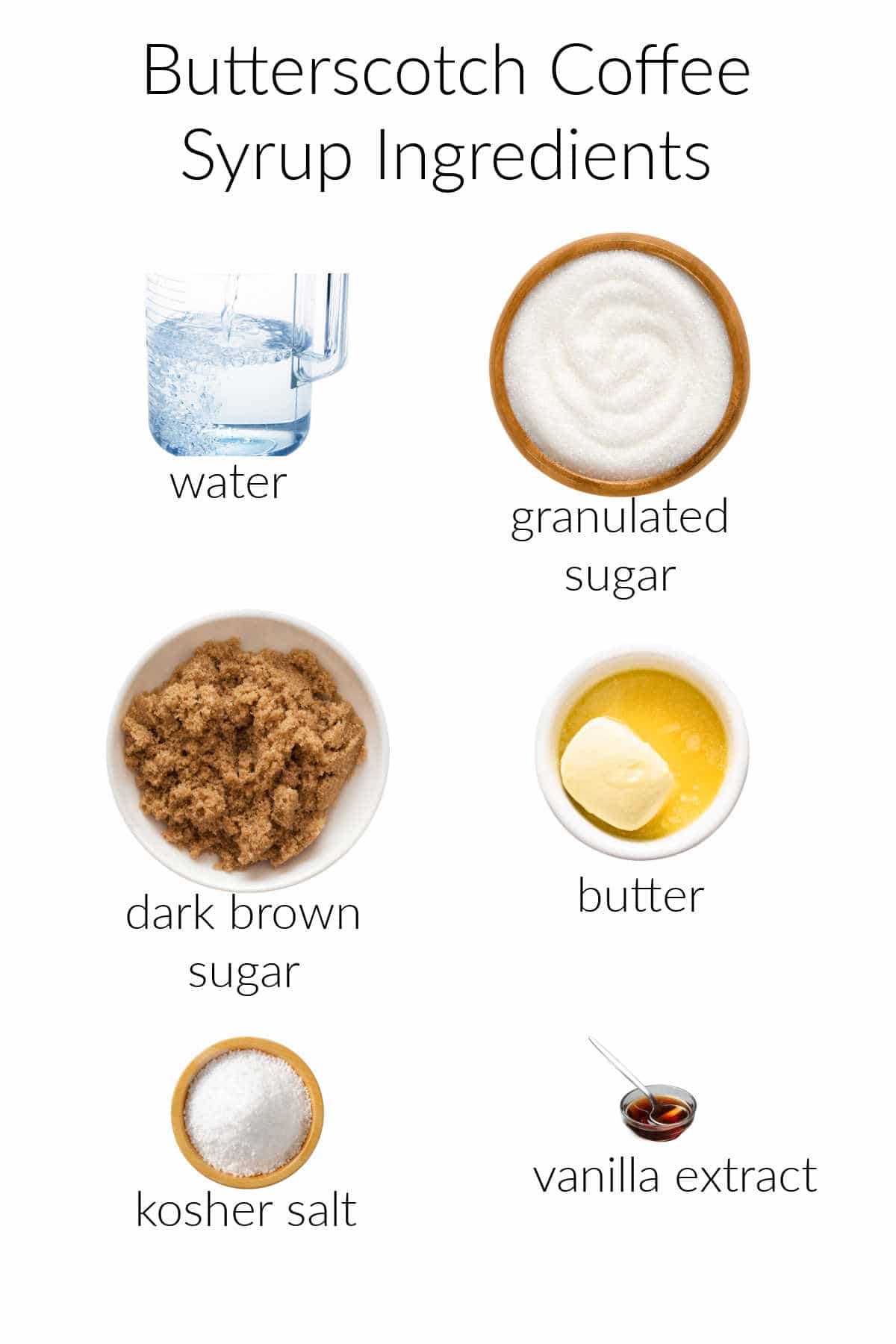 A collage of the 6 ingredients needed to make this coffee syrup: water, sugar, brown sugar, butter, salt, and vanilla.