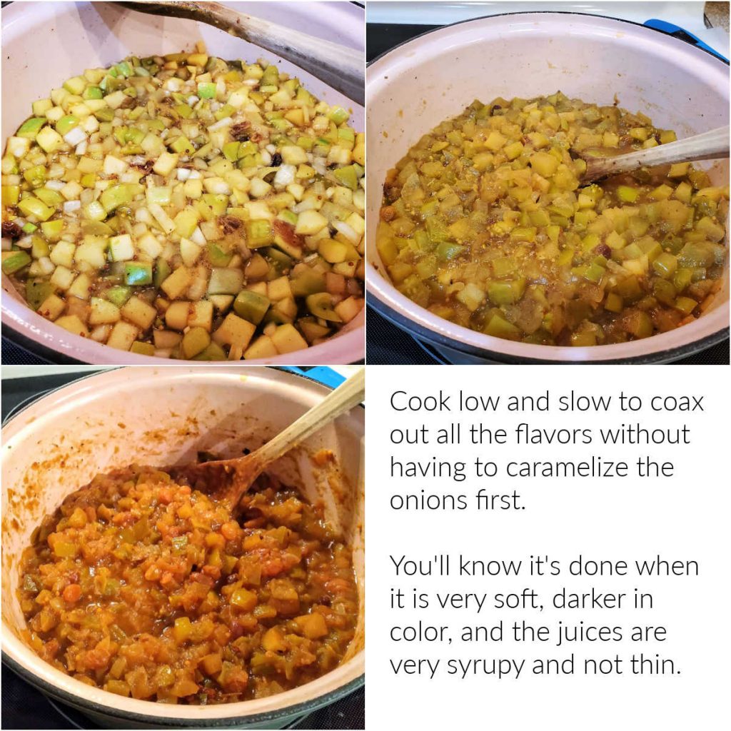 A collage of 3 images showing the stages of cooking chutney on the stove so you'll know when it's done.
