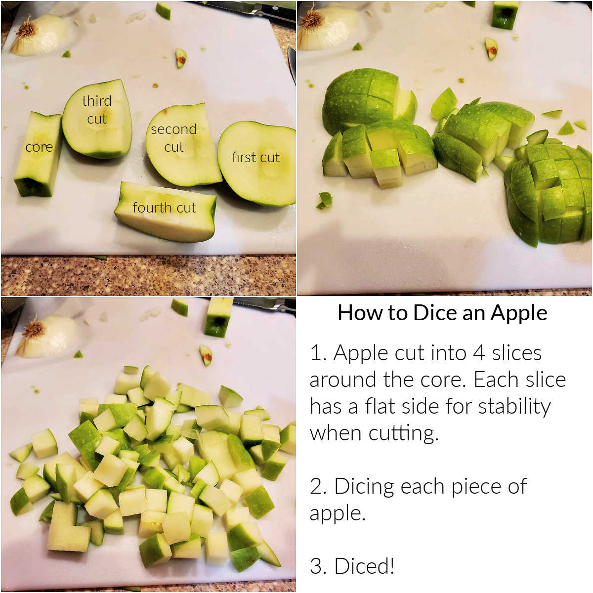 A collage of 3 images showing how to cut a green apple to dice it.