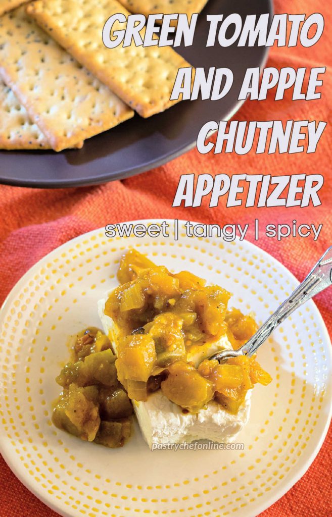 Cream cheese and chutney on a plate. Text overlay reads, "Green tomato and apple chutney appetizer. Sweet, tangy, spicy."