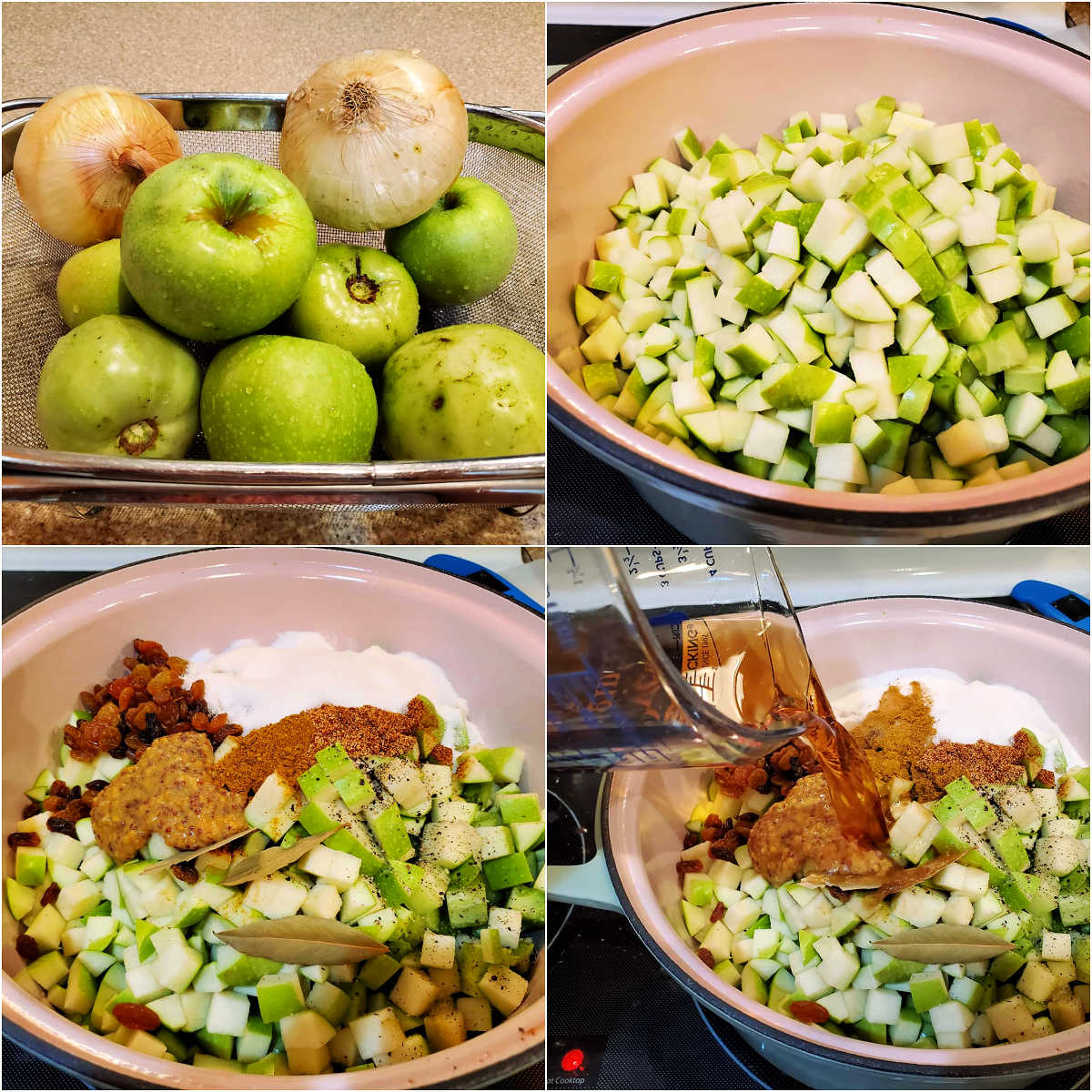 A collage of 4 images: whole apples, tomatoes, and onions, the fruits and vegetables diced in a large pot, all the spices and flavorings on top of the apples and onions, and pouring in the vinegar and the water.