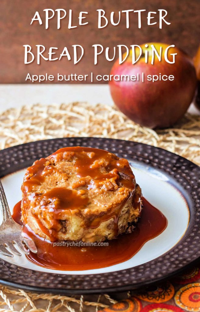 A piece of bread pudding with caramel sauce on a plate. Text reads, "apple butter bread pudding. Caramel, pecans, spice."