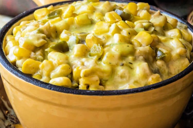 A yellow crock full of deviled corn.
