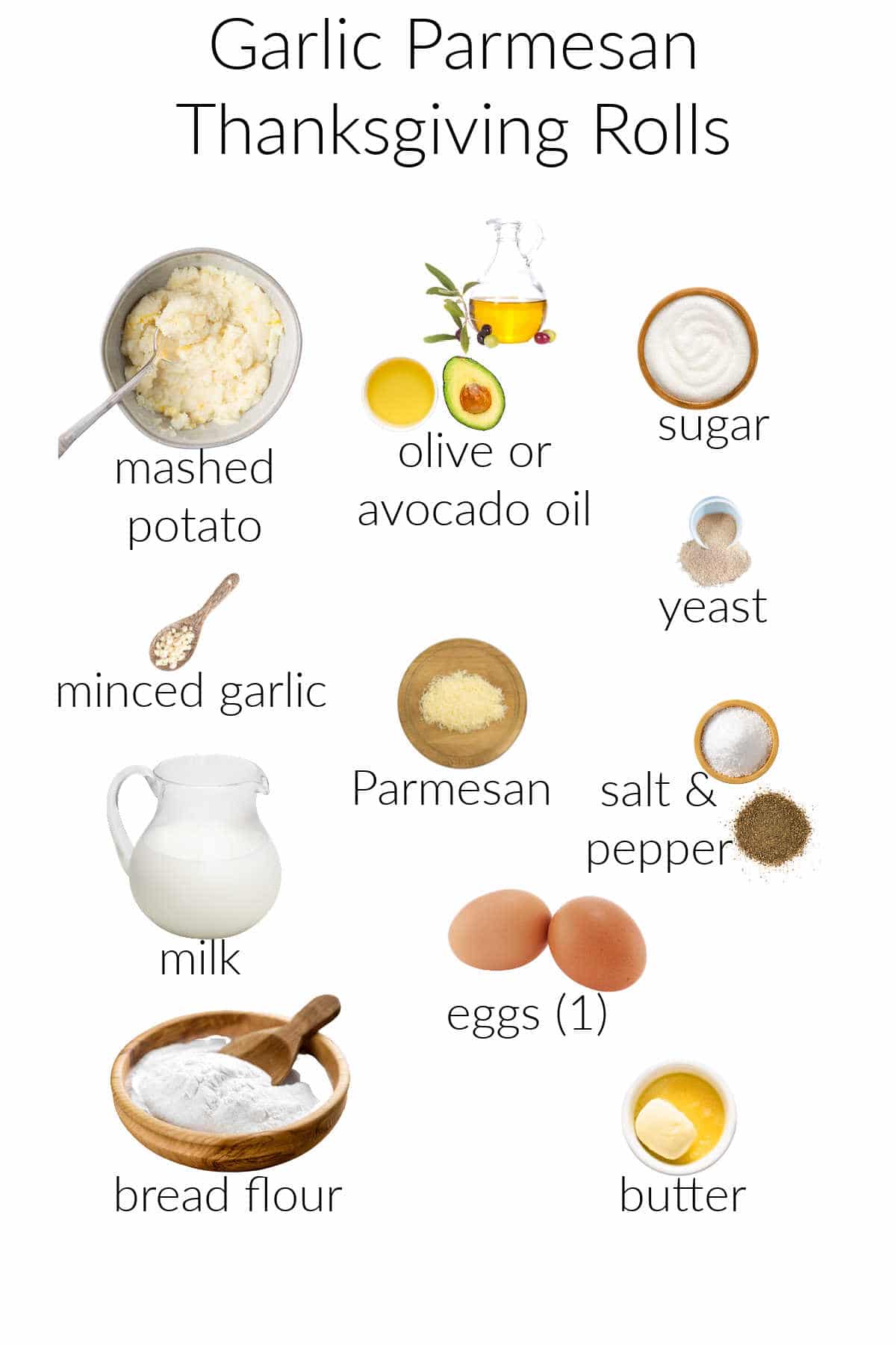 A collage of ingredients needed to make garlic Parmesan dinner rolls: mashed potato, oil, suagr, garlic, yeast, milk, Parmesan cheese, salt & pepper, eggs, bread flour, and butter.