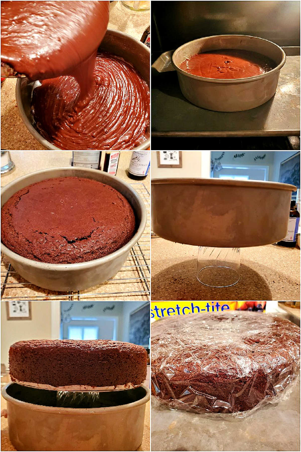 6 images showing pouring cake batter into the pan, baking it, removing it from the pan and wrapping it in plastic wrap to cool.