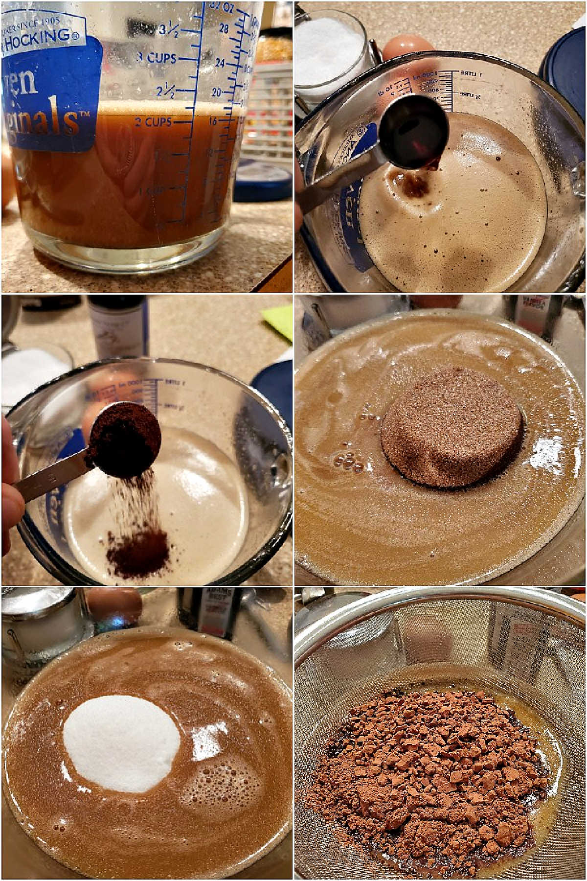 6 image collage showing melting butter and beer, adding vanilla, espresso powder and salt, adding the sugar and sifting in the cocoa powder.