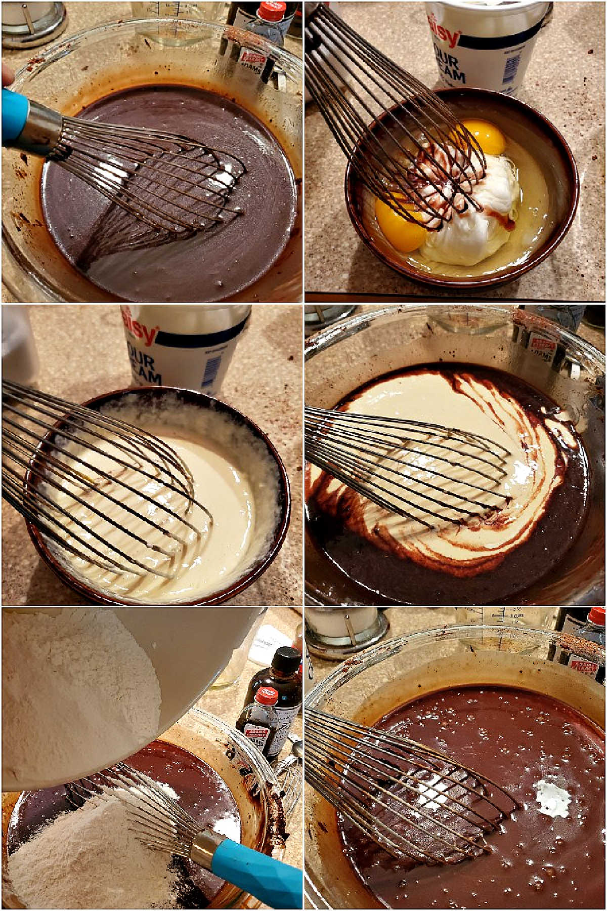 Collage of 6 images showing making cake batter (part 2). whisking batter until smooth, whisking in eggs and sour cream, adding the flour and then the completed batter.