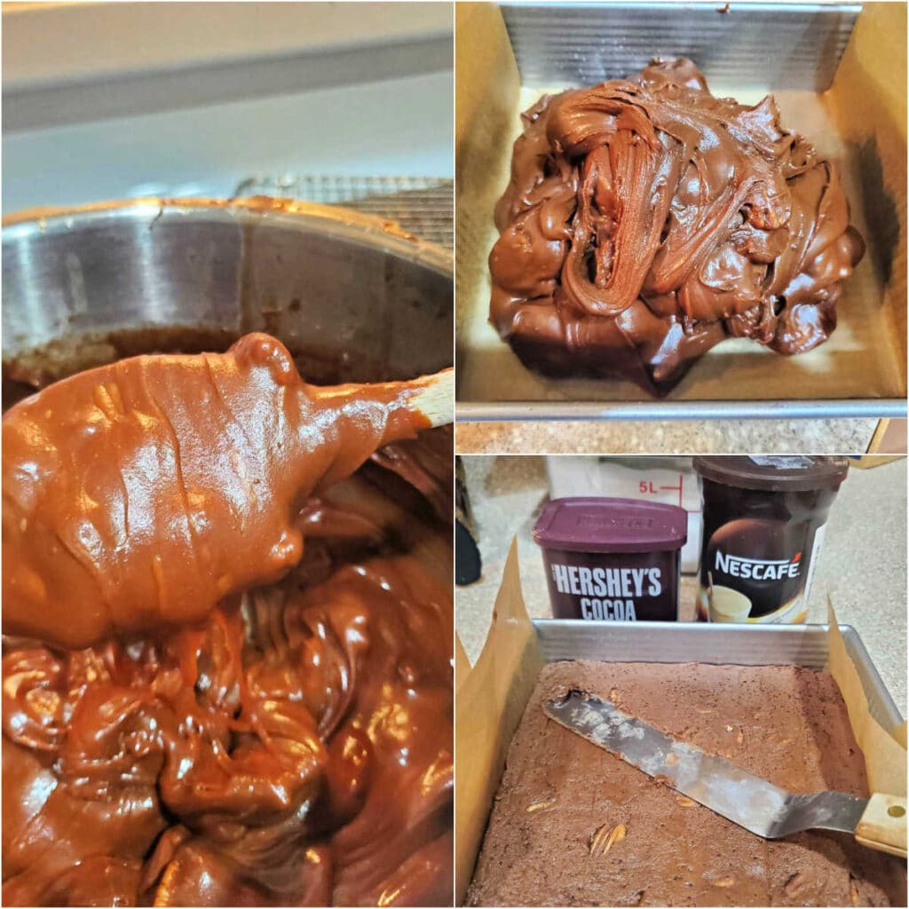 A collage of 3 images. The first shows pecans stirred into very thick fudge, the next shows the candy scraped into a prepared square pan, and the third shows the candy smoothed out and pressed evenly into the pan with an offset spatula.
