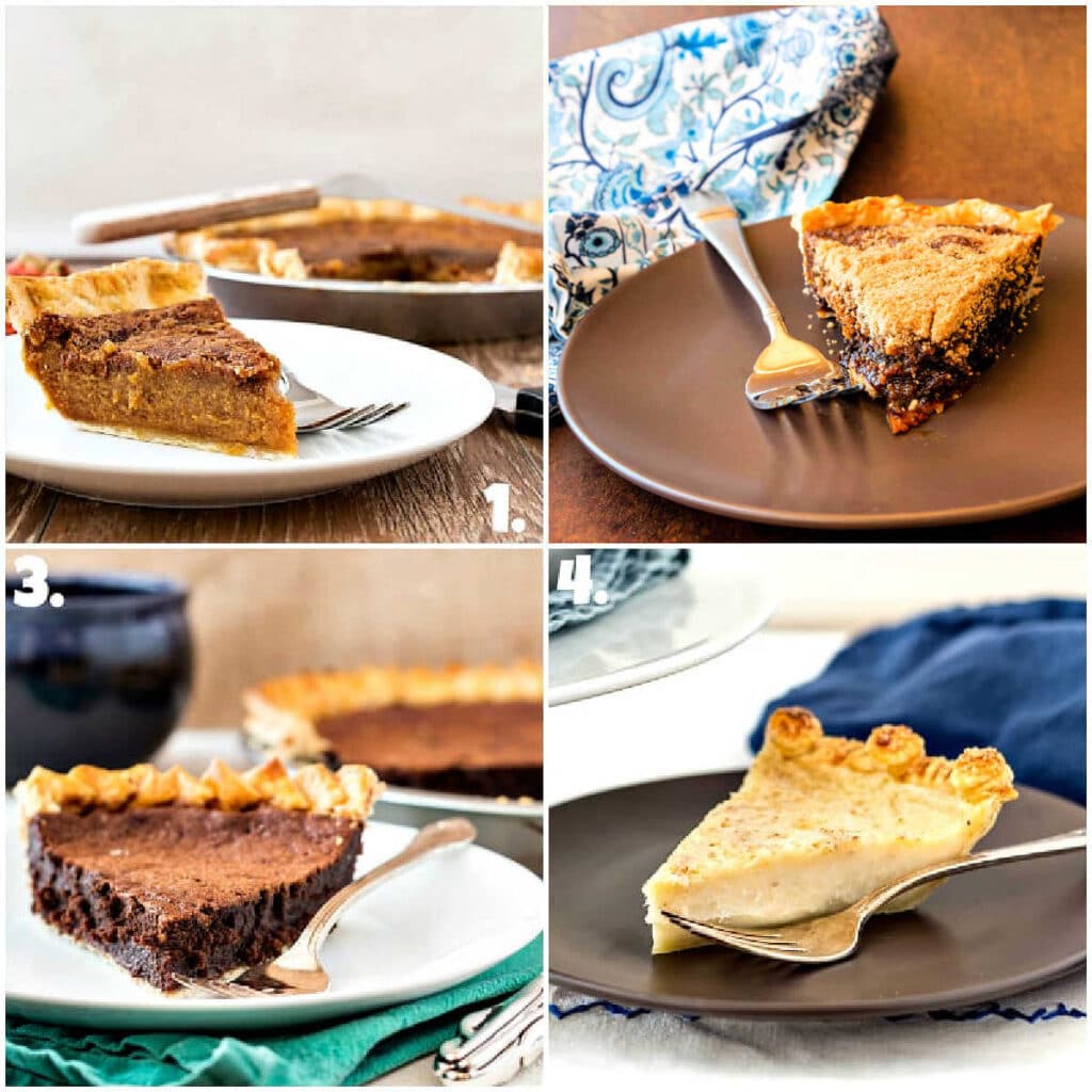 A collage of four images of four different slices of pie: sorghum custard pie, shoo fly pie, chocolate chess pie, and sugar cream pie.