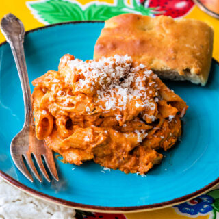 A plate with pasta with shortcut vodka sauce.