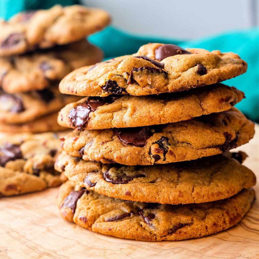 A stack of toffee chip brown butter cookies.