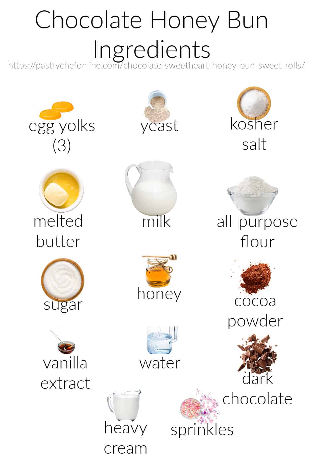 All the ingredients for making chocolate honey buns including for the dough, filling, glaze, and ganache. All ingredients are labeled and on a white background.