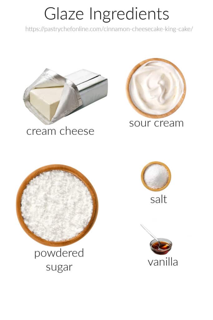 The ingredients for a sour cream/cream cheese glaze for cheesecake labeled and shot on a white background.