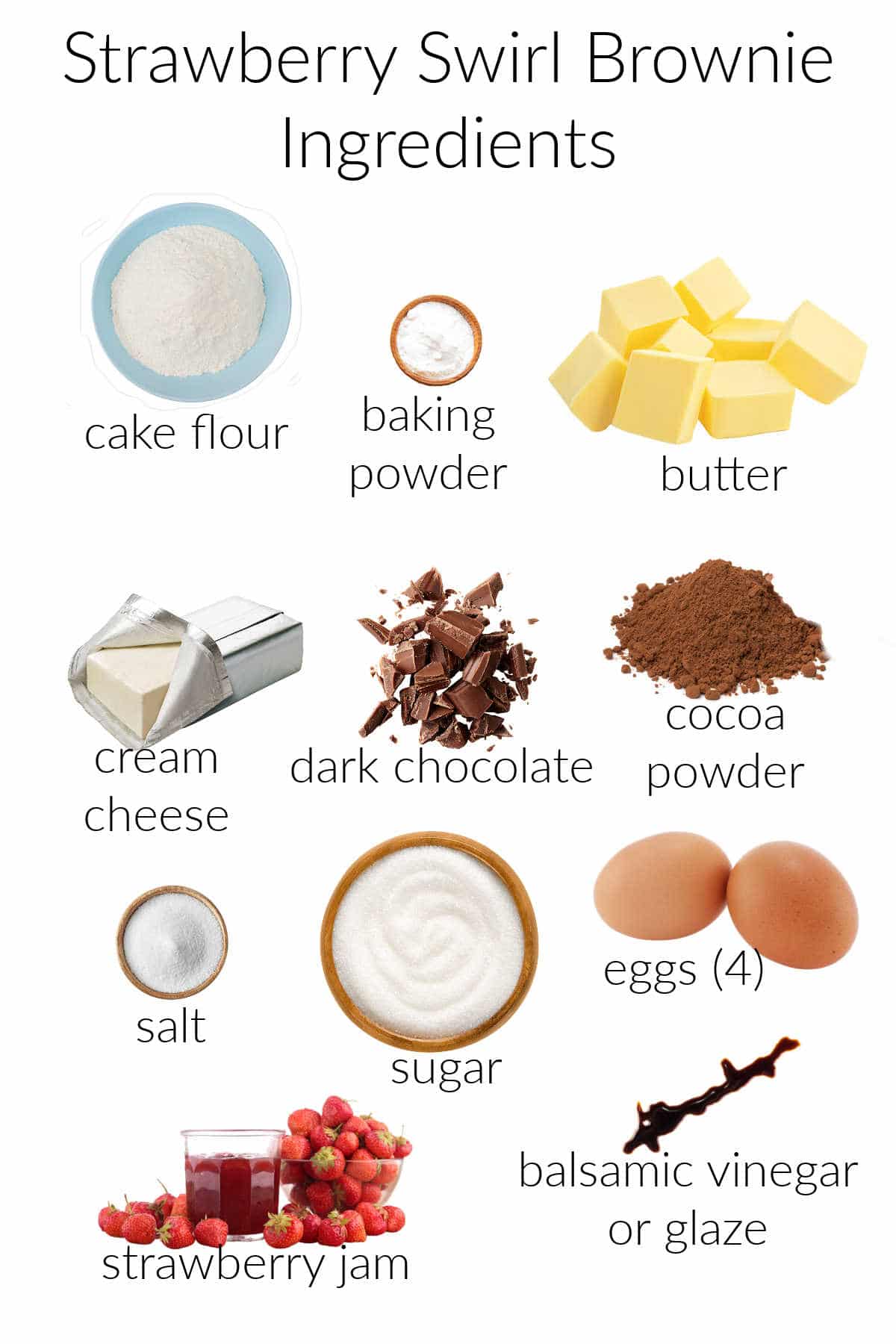 A collage of pictures of ingredients for making strawberry swirl brownies.