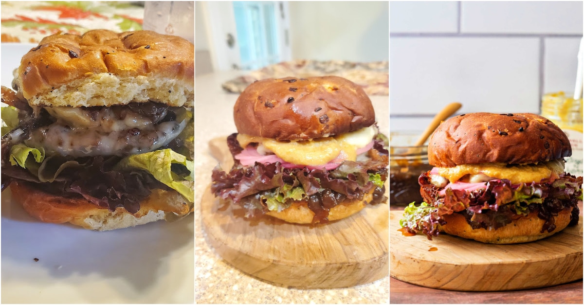 3 images of an onion burger, 1 thrown together, 1 styled and shot with a phone camera, and the fully styled burger shot with a DLSR camera.