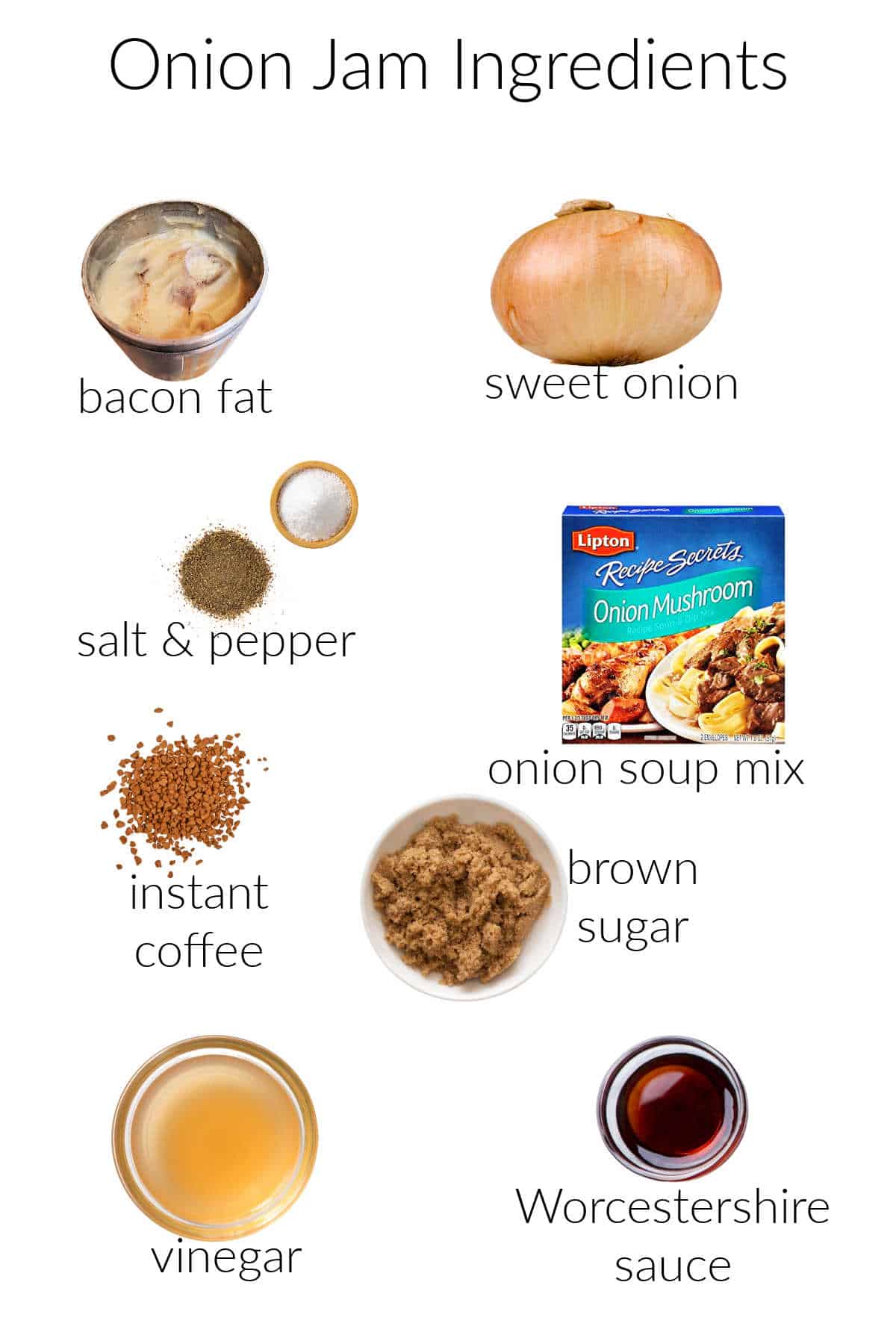 A collage of ingredients needed for making an onion jam recipe.