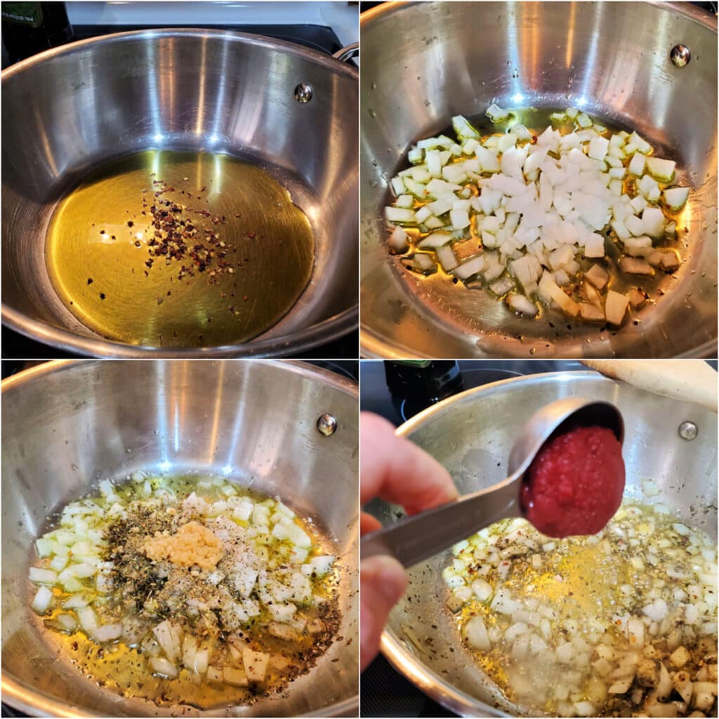 A collage of four images showing how to build the flavors for pizza sauce: oil and pepper flake in a pan, ading onion and garlic, adding spices, and adding tomato paste.