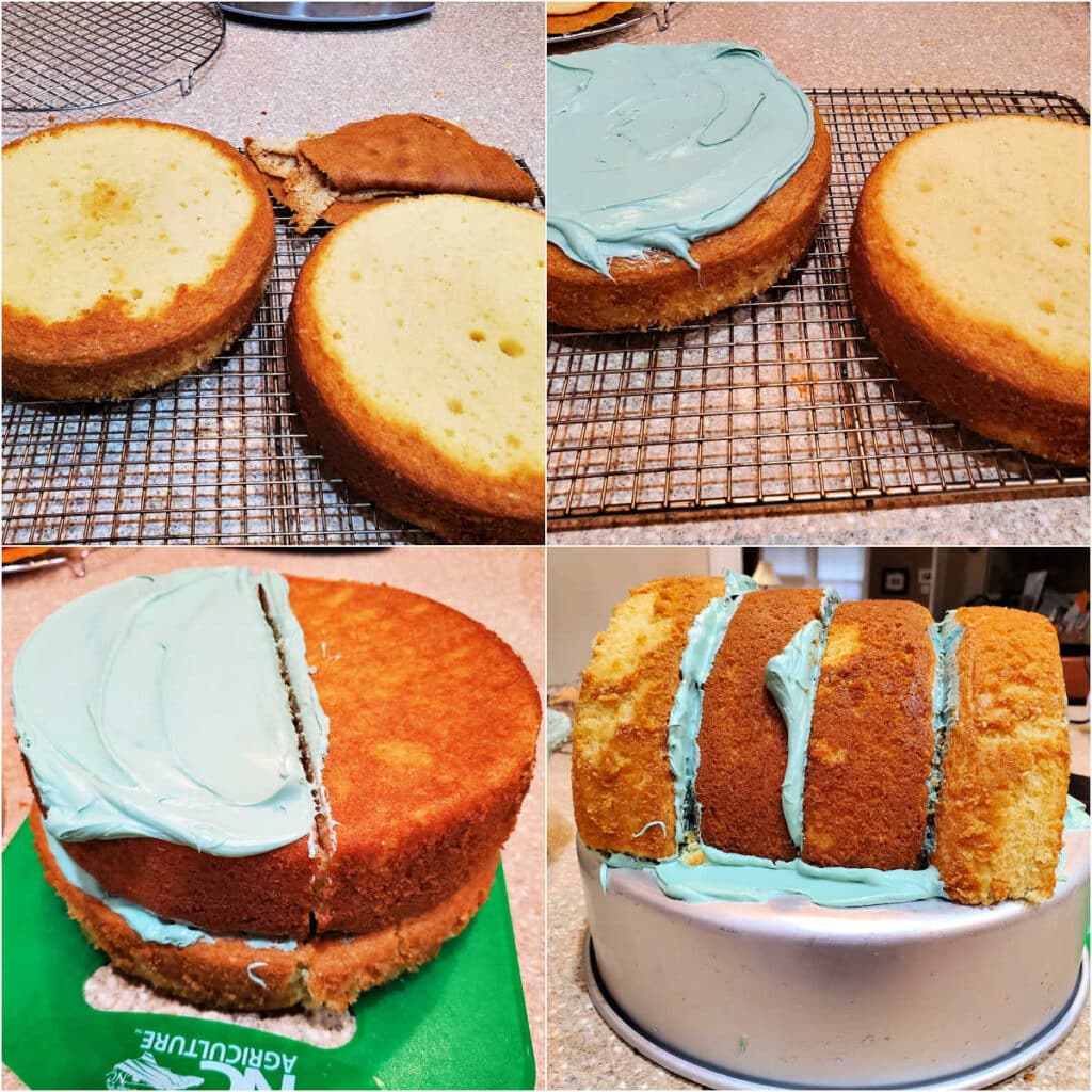 A collage of four images showing 2 round cake layers with their domes leveled, one of the layers with frosting on it, the two layers stacked together with half the top layer with frosting on it, and then the cake all put together, laid on its side, and placed on top of an upside down cake pan.