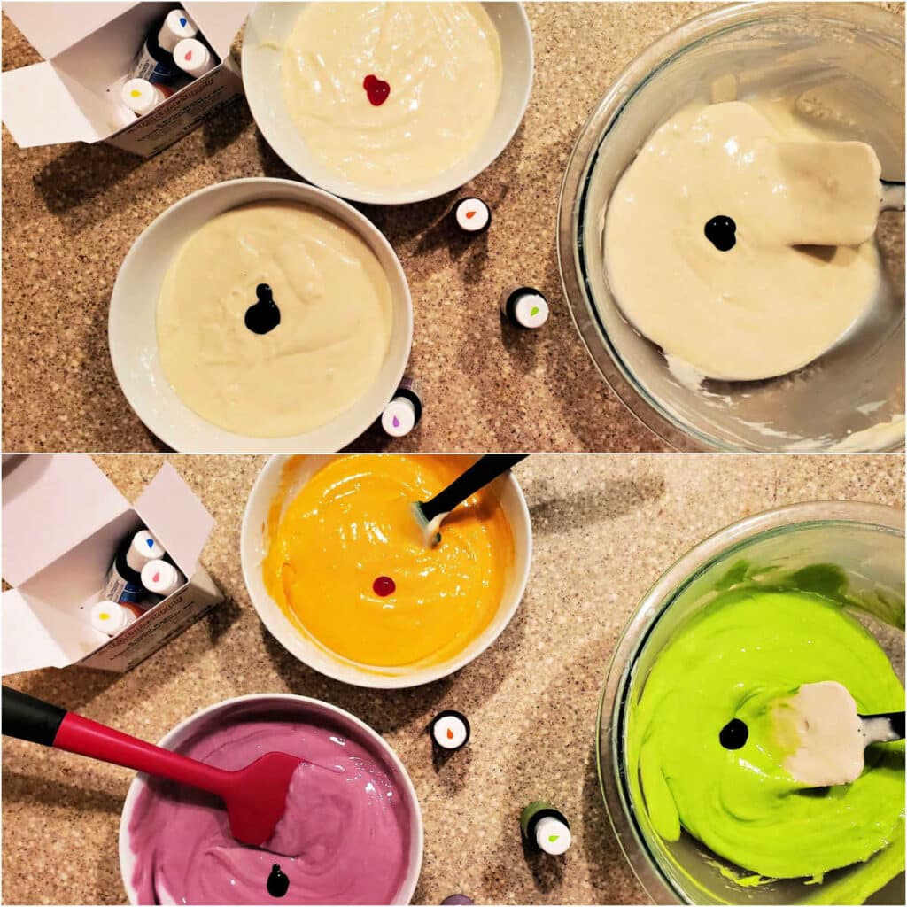 A collage of 2 overhead images of 3 bowls of batter, the first with drops of food coloring on top, and the second with the colors mixed in: orange, green, and purple.