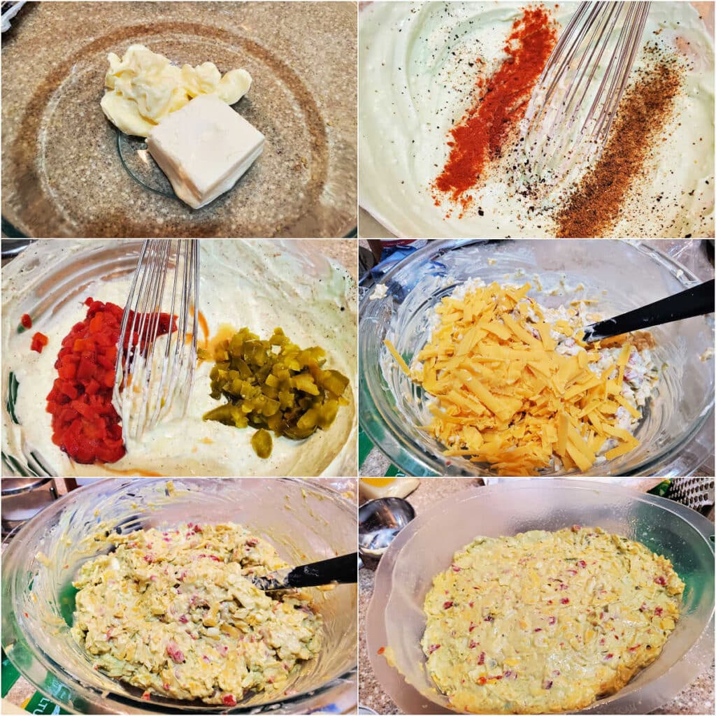 A collage of 6 images showing how to make the dressing and then fold in the cheese for the Halloween pimento cheese spread brain.