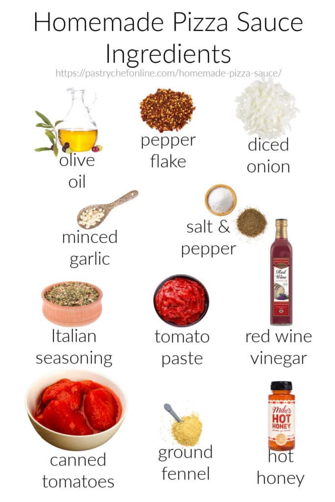 Labeled images of the ingredients for making pizza sauce: olive oil, pepper flake, diced onion, minced garlic, salt & pepper, red wine vinegar, Italian seasoning, tomato paste, canned tomatoes, ground fennel, and hot honey.