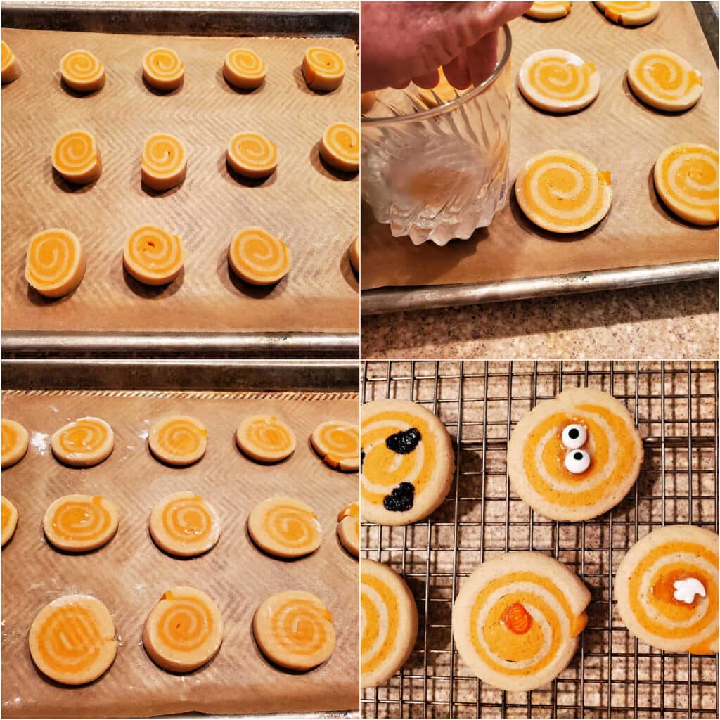 Collage for four images, one of sliced round orange and white cookie dough on a baking sheet, one with a hand using the bottom of a glass to flatten the cookies, the sheet of flattened cookies ready to bake, and a close up of 4 baked cookies on a cooling rack with small Halloween candies in the centers.
