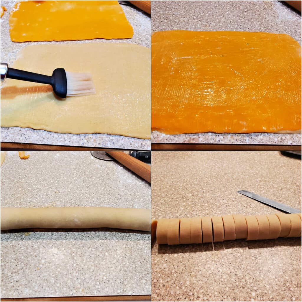 A collage of four images shoing dough rolled into sheets, brushing the sheets with egg white, stacking the sheets, rolling them into a log, and slicing the log into 1/2" rounds.