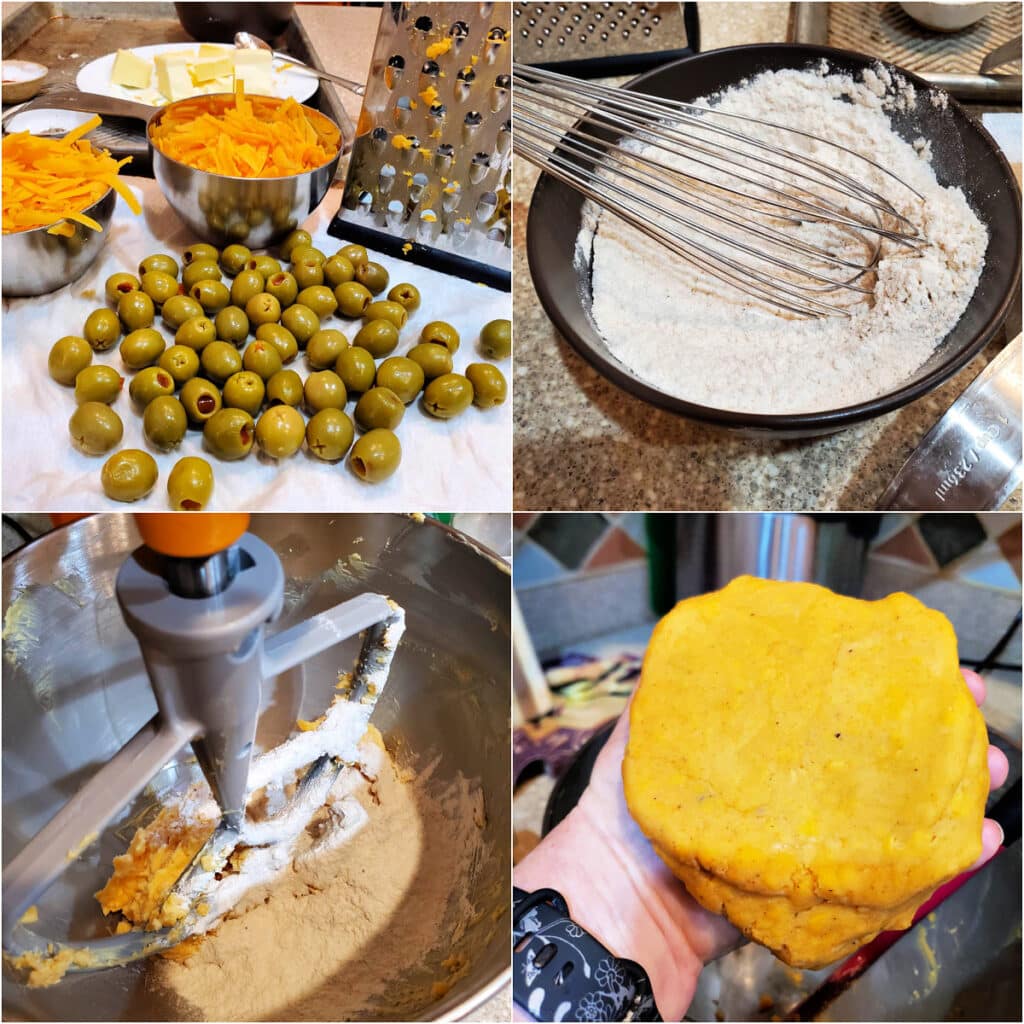 A collage of 4 images showing how to make the dough for olive balls. First shows drained olives and shredded cheese. The second shows a whisk and a bowl of flour. The third shows the ingredients in the mixer bowl, and the last image is of a ball of orange dough.
