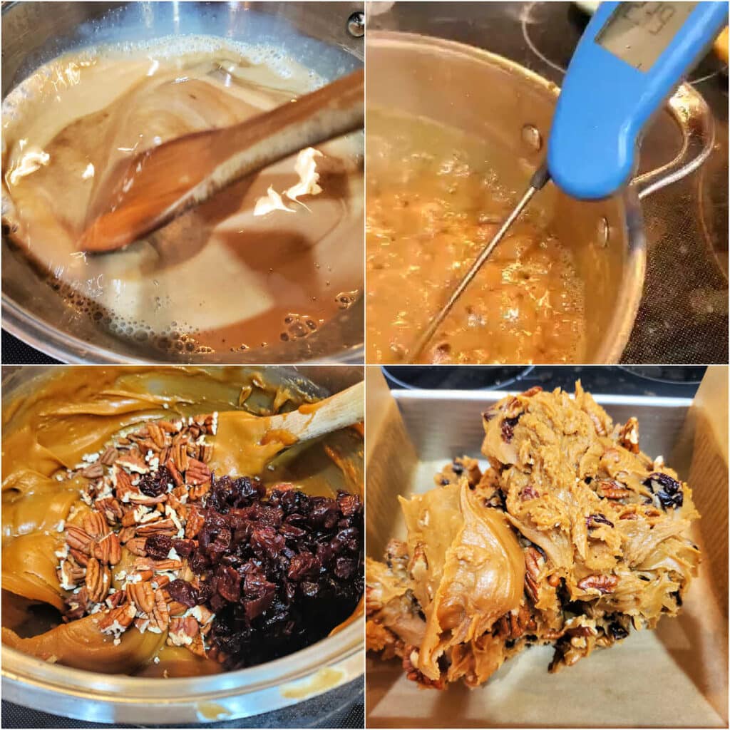 A collage of 4 images of making penuche: 1)stirring the ingredients together, 2)cooking the ingredients, 3)beating in the cherries and pecans, and 4)putting the candy in a prepared square pan.