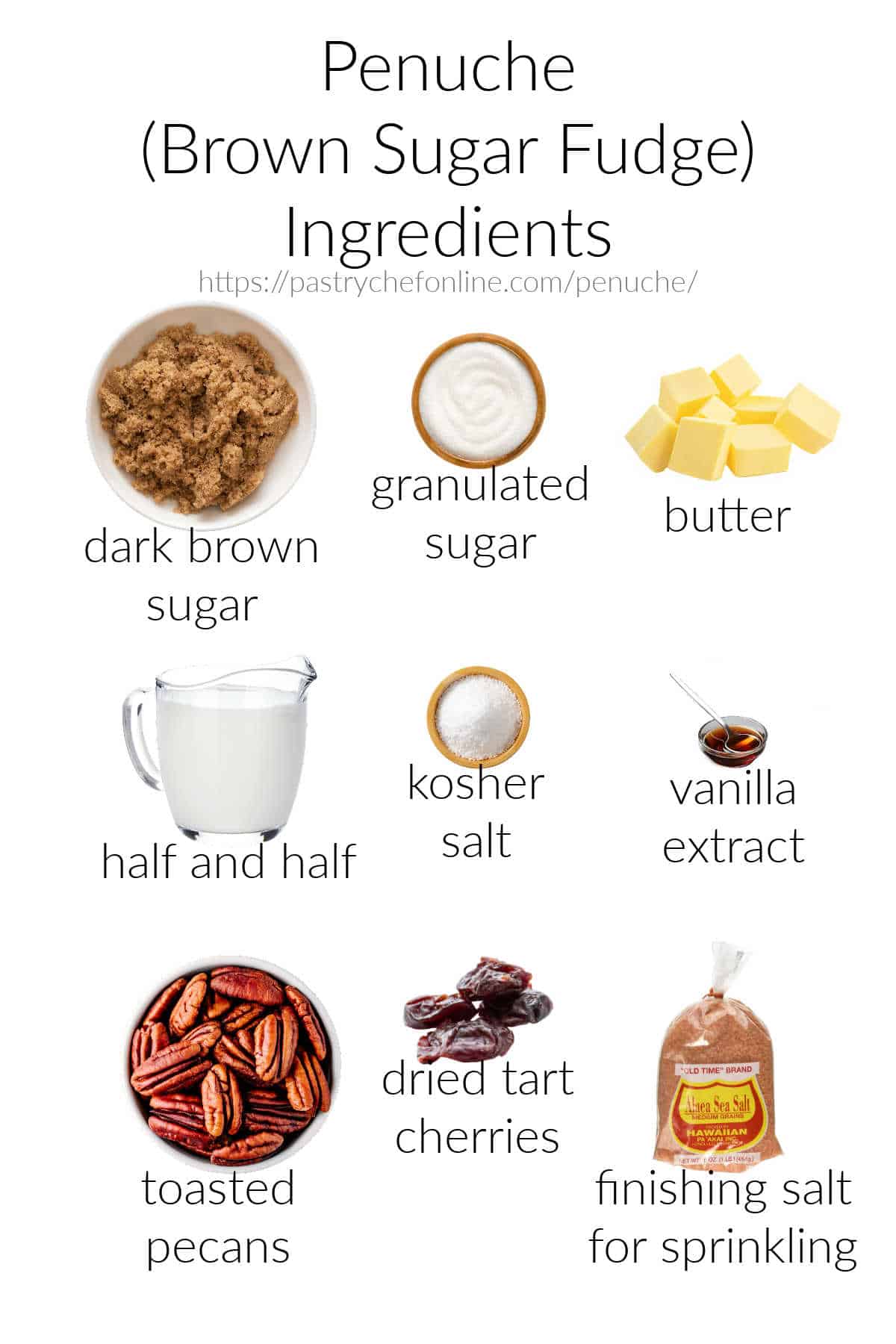 A collage of all the ingredients for making penuche on a white background. You'll need brown sugar, sugar, butter, half and half, kosher salt, vanilla, toasted pecans, dried cherries, and finishing salt.