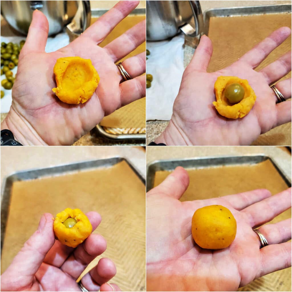 A collage of 4 images showing how to stuff cheese dough with an olive then cover it up and roll it into a ball.
