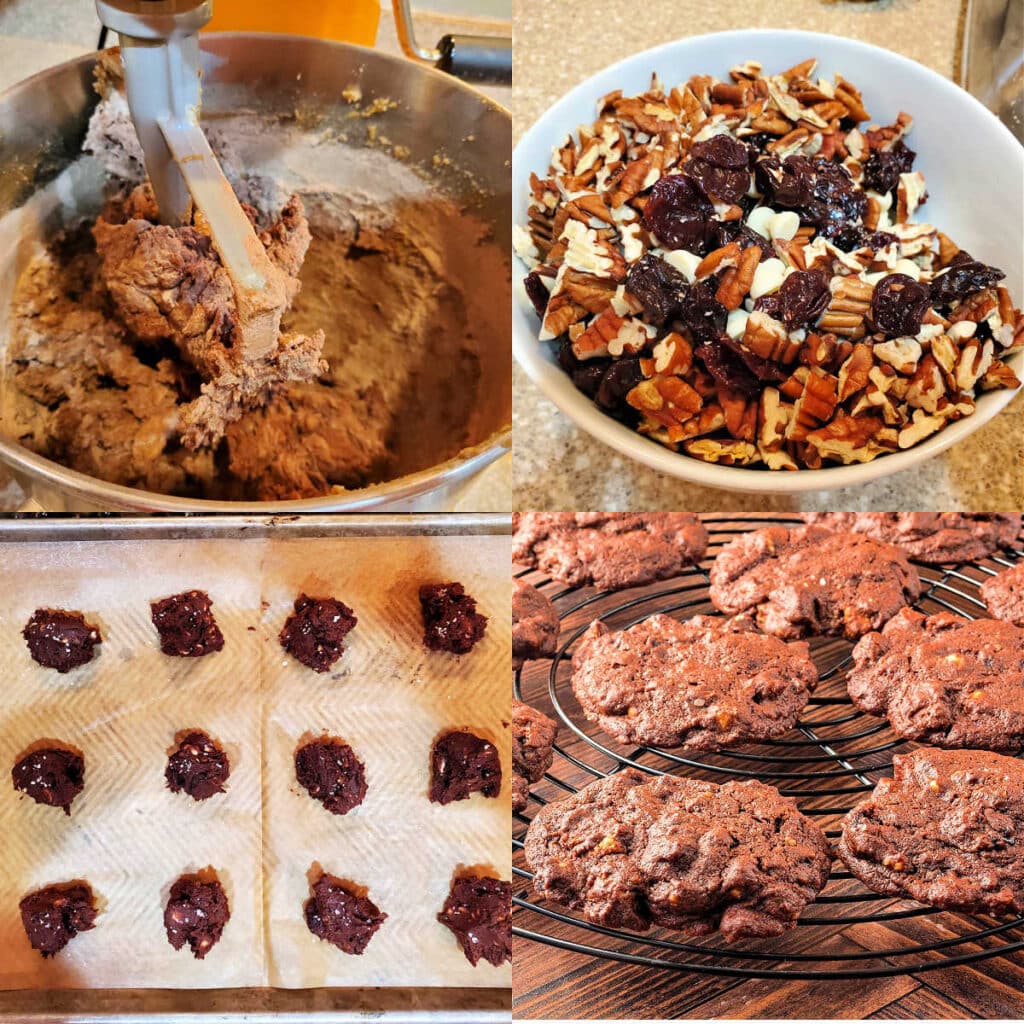 A collage of four images of making chocolate cookie dough. The first shows the dough almost completely mixed. The next shows a bowl of chopped pecans, dried tart cherries, and white chips. The third shows dough portioned on a parchment-lined baking sheet, and the last shows the baked cookies cooling on a rack.