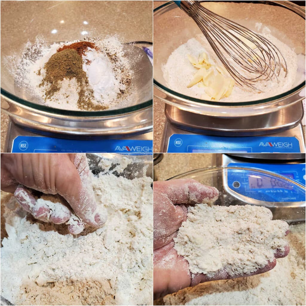 A collage of 4 images showing how to bring the dry ingredients together to make sausage appetizers.