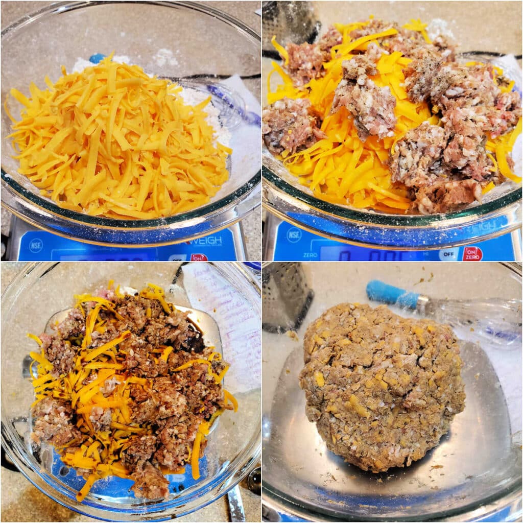 A collage of 4 images showing adding shredded cheese, raw sausage, and Worcestershire sauce to the flour/spice/butter mixture. The fourth image is of the "dough" in a large ball.