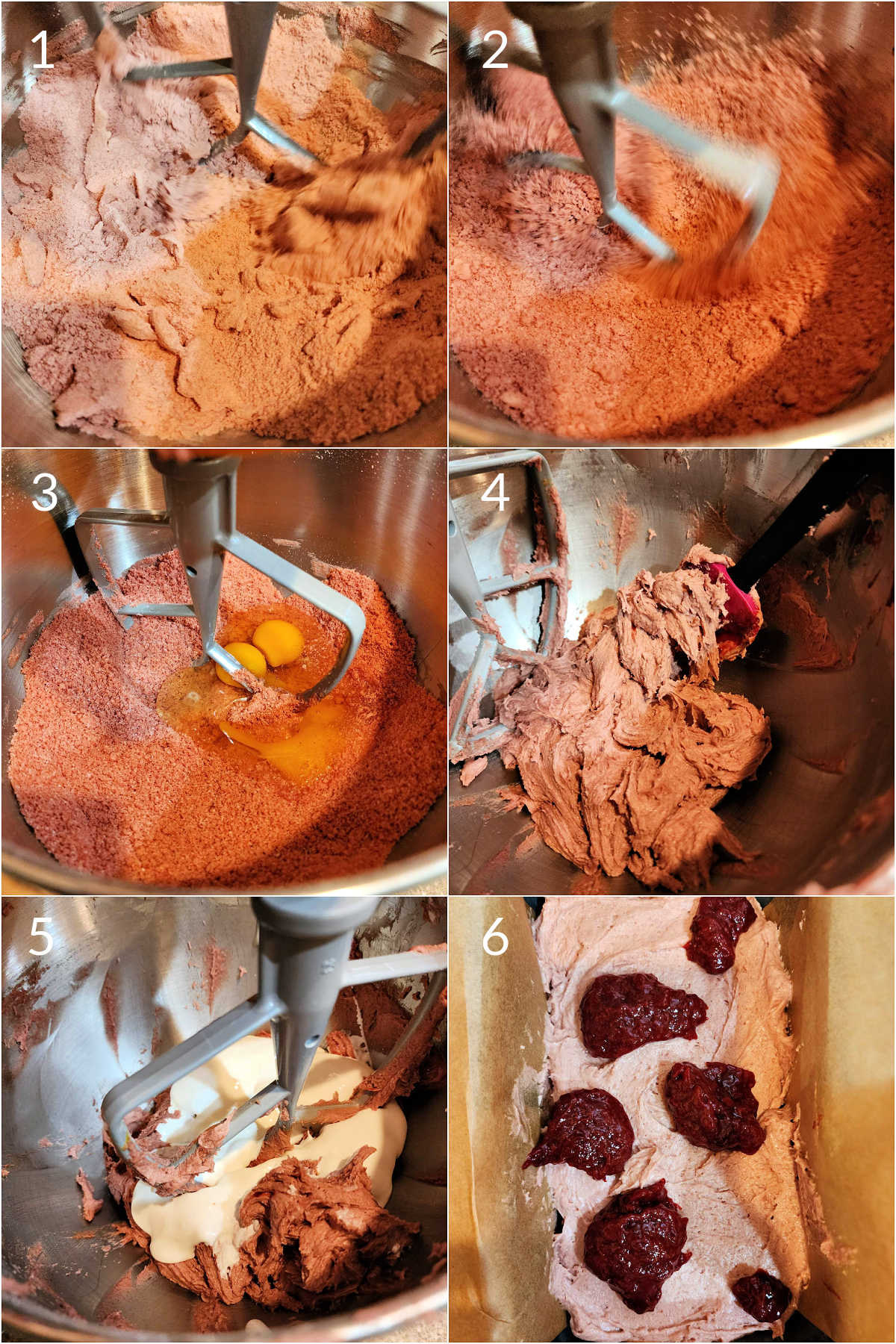 A collage of 6 images showing how to mix strawberry pound cake batter.