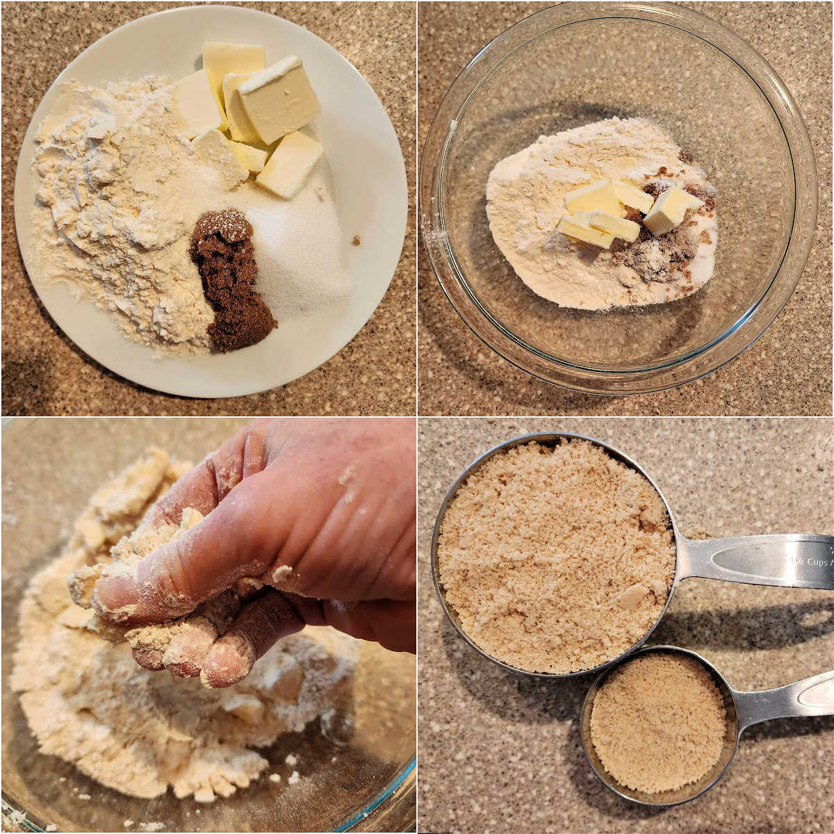 A collage of four overhead images showing the ingredients for making basic streusel, those ingredients in a glass bowl, a hand rubbing the ingredients together, and the finished streusel in 2 metal measuring cups to show the approximate volume of the recipe.