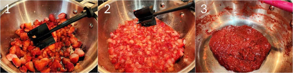 Three images side by side of berries in a pot. In the first, the berries are partially frozen and somewhat chopped. In the second, the berries are finely chopped and very juicy, and in the third, there is thick deep red strawberry puree in the pot after cooking.