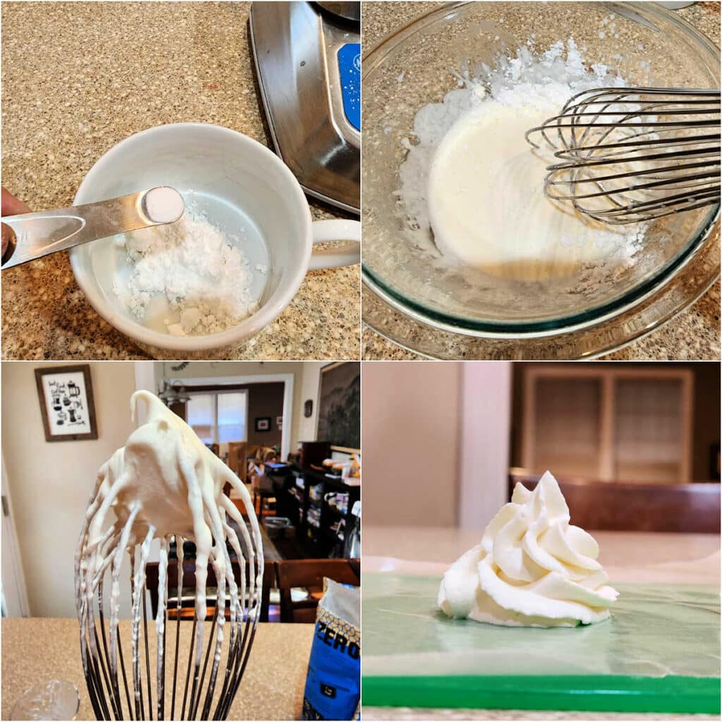A collage of 4 images: Adding Instant Clear Jel to a small bowl of powdered sugar, whisking cream in a glass bowl, the whisk with cream on it showing medium peaks, and a "poof" of piped whipped cream on a piece of waxed paper.
