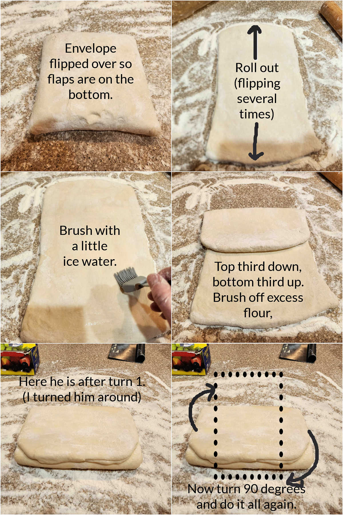 A collage of 6 images showing how to do one turn in making puff pastry: rolling the dough into a long rectangle, folding it into thirds, and giving it a quarter turn before doing it all again.