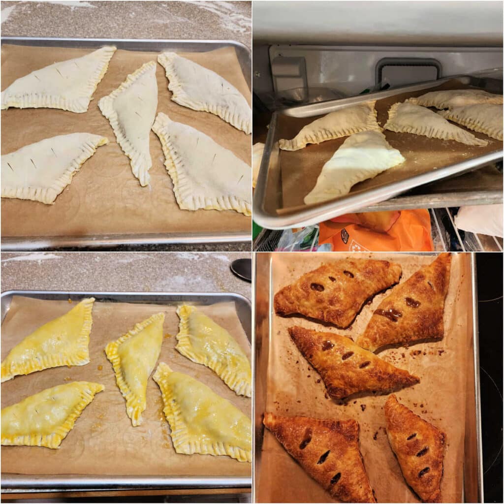 A collage of 4 images. The first is 5 unbaked turnovers on a parchment-lined sheet. The second shows the sheet in the freezer. The third shows each turnover brushed with yellow egg wash with slits cut into the pastry, and the fourth shows the baked apple turnovers.