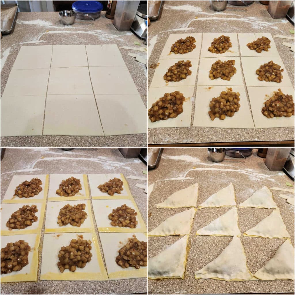 A collage of 4 images. The first is a large piece of puff pastry cut into 9 squares, 3 x 3. The second shows a pile of apple compote in each square. The third shows the same with egg wash added to 2 adjoining sides of each square of pastry, and the fourth shows the pastries folded into triangles enclosing the compote.