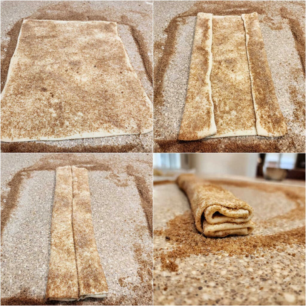 A collage of 4 images showing puff pastry rolled in sugar, the puff with edges folded in towards the center, folden in again, and then finally closed together like a book.