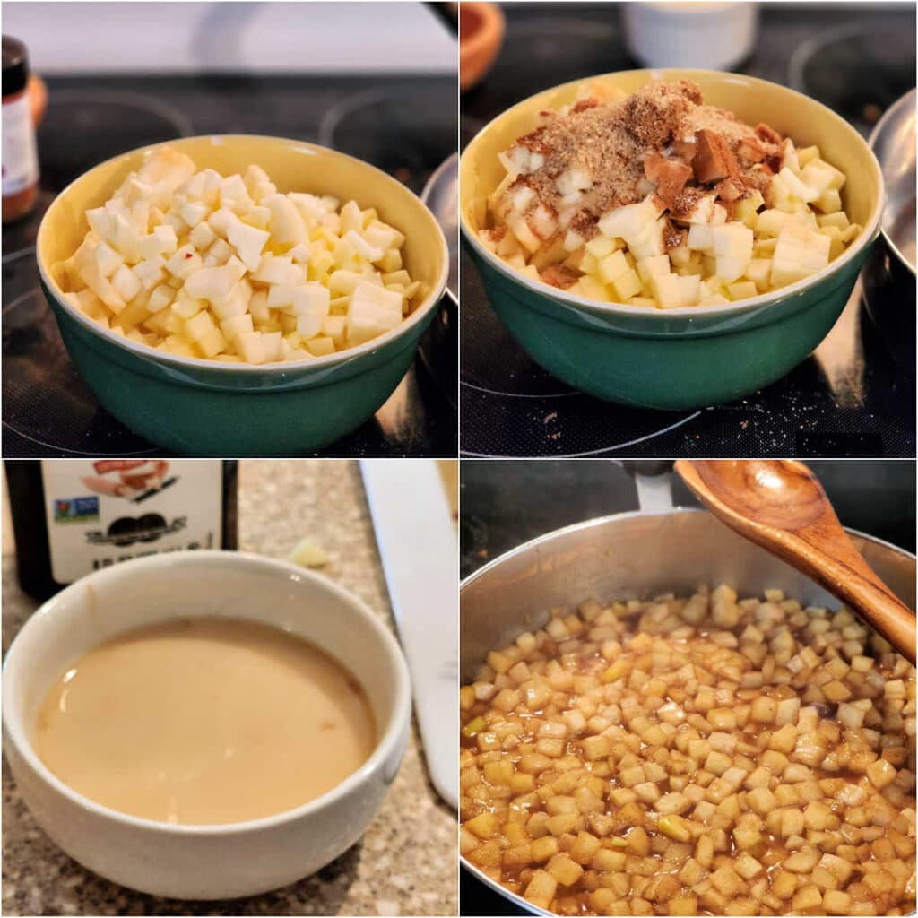 A collage of 4 images. One shows finely diced apples in a bowl. The second shows the apples topped with sugar and spices. The third is a small white bowl with liquid in it (a mixture of cornstarch, apple cider vinegar, water, and vanilla), adn the fourth are the diced and spiced apples cooking in a large shiny metal pan.