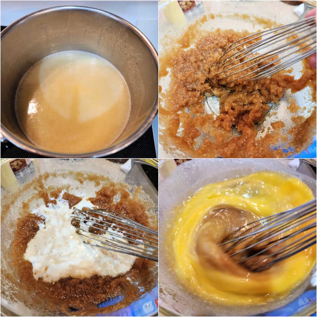 A collage of 4 images: a metal pot of melted butter, a whisk whisking butter into a sugar mixture, pouring buttermilk into the sugar and butter mixture, and whisking beaten egg into the sugar mixture.