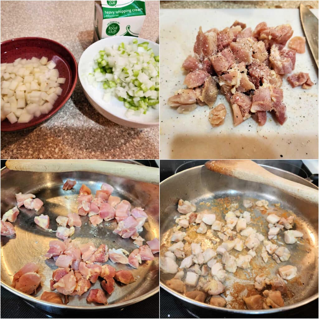 A collage of 4 images, one showing diced onions and celery in one bowl and diced potatoes in a bowl of water. The next is cut up chicken with salt and pepper on it. The third shows the chicken in a metal pan, and the fourth shows the chicken, mostly cooked, with some browned bits in the bottom of the pan.