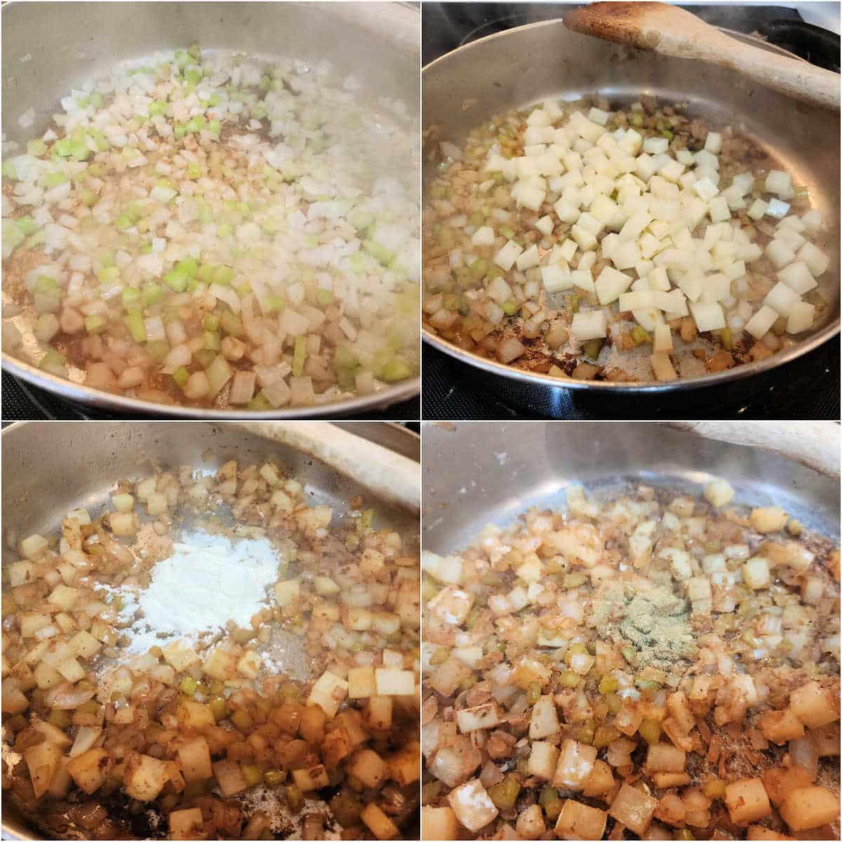 A collage of 4 images: diced onion and celery cooking in a pan, diced potatoes added in, flour added once potatoes are a bit brown, and finally poultry seasoning added into the pan on top of the vegetables.