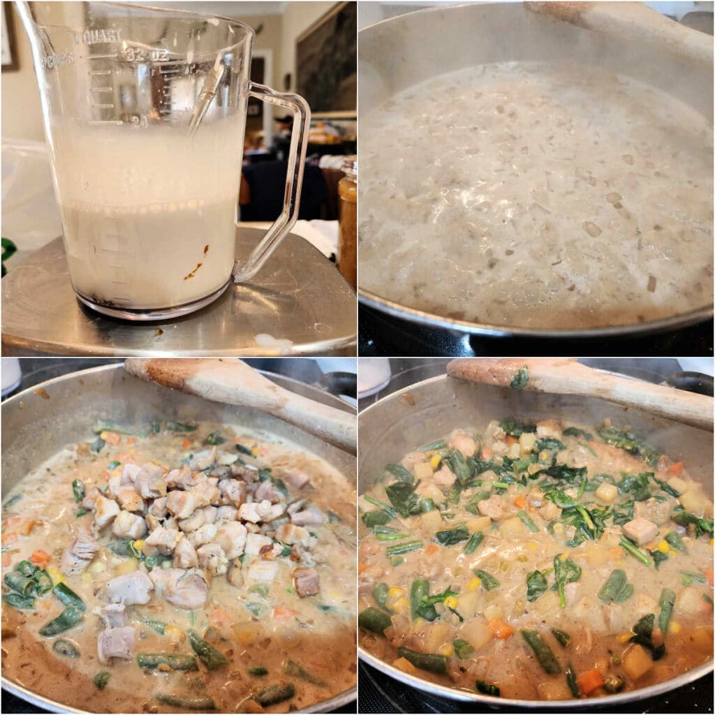 A collage of 4 images. The first is a clear measuring pitcher with chicken base, cream, and water in it, the second shows that cream poured into a pan with sauteed vegetables, the fourth shows adding the browned chicken back to the pan, and the last shows stirring in some baby spinach.