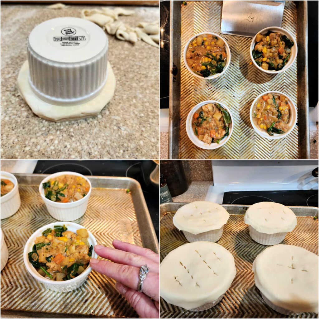 A collage of four images. The first shows an upside-down white ramekin on a round of dough. Use the ramekin as a guide for making the circles of puff pastry. The second is an overhead shot of four white ramekins filled with a chicken pot pie mixture. The third shows a hand wiping water onto the rims of the ramekins, and the fourth shows the puff pastry on top of each ramekin with slits cut into the puff.